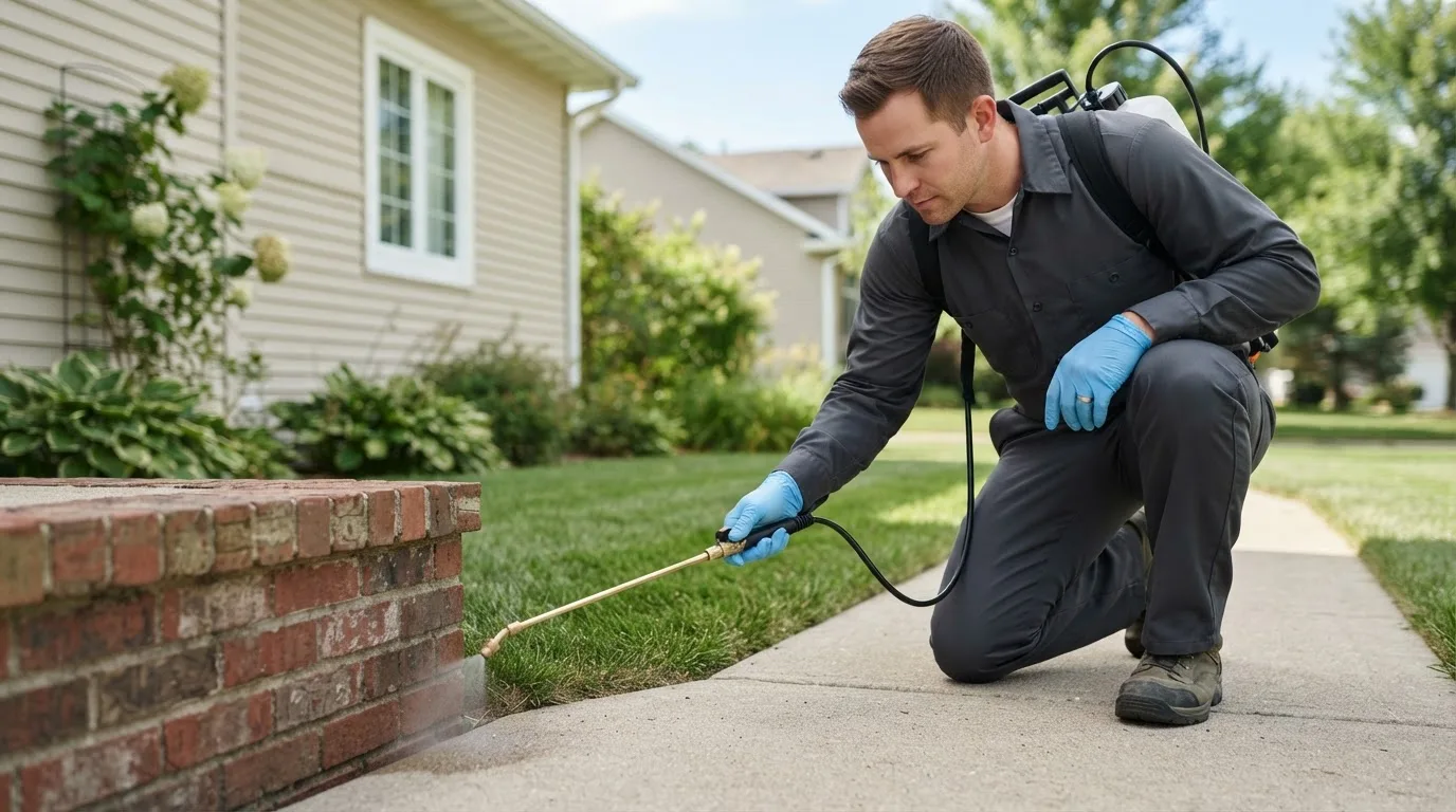 Pest control technician treating a home near Rochelle, IL
