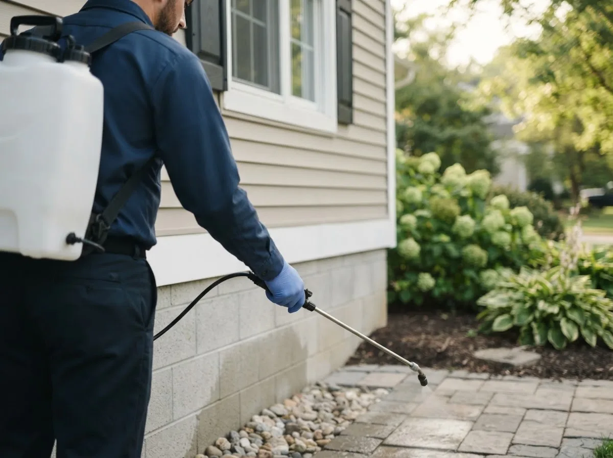 Pest control technician inspecting a home in Rochelle, IL